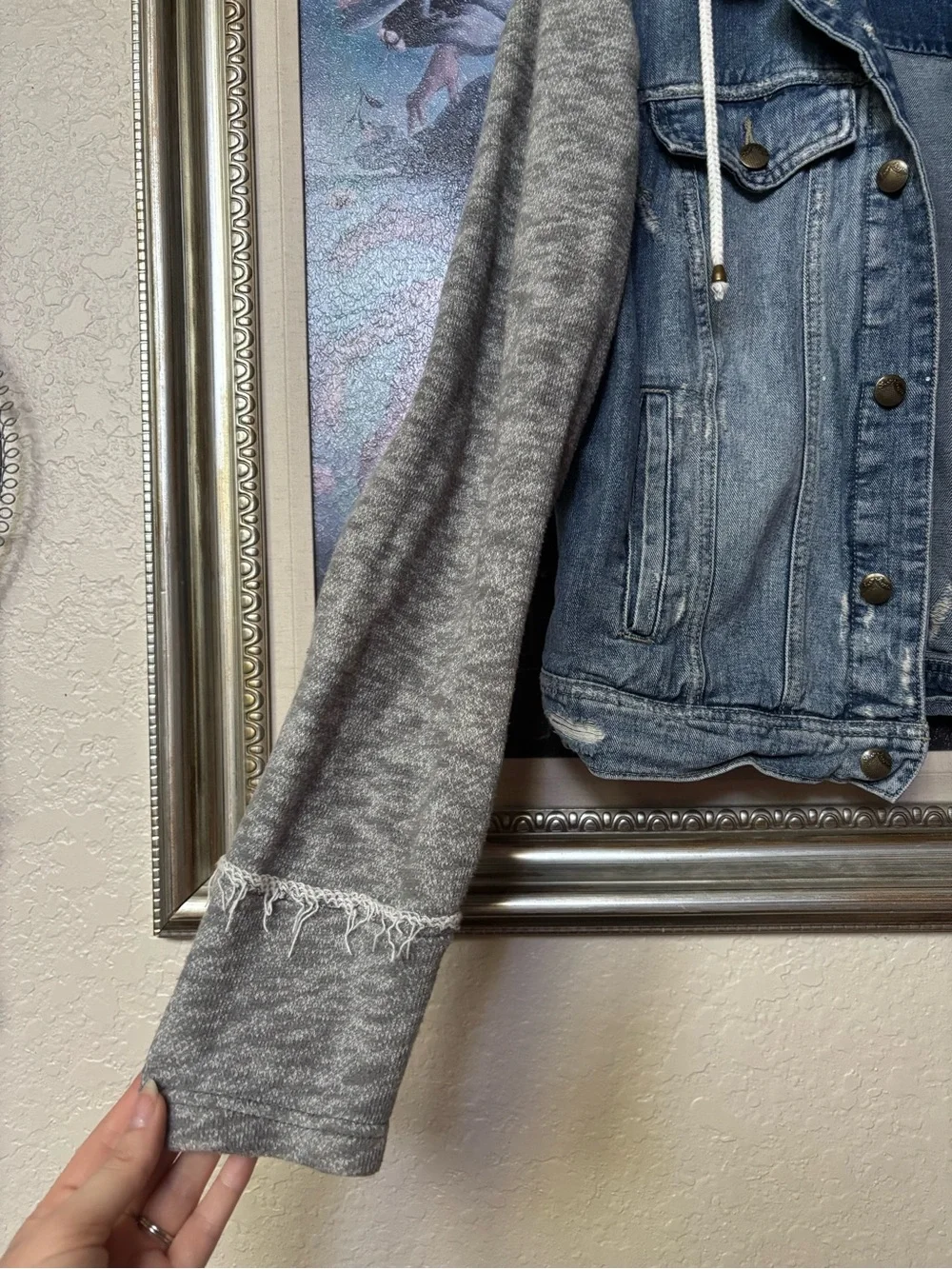 Free People denim jacket with knit hoodie in blue and gray - Picture 8 of 11